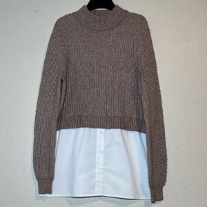 H Halston Mock Neck Layered Sweater Shirt Medium Tan White Ribbed Button